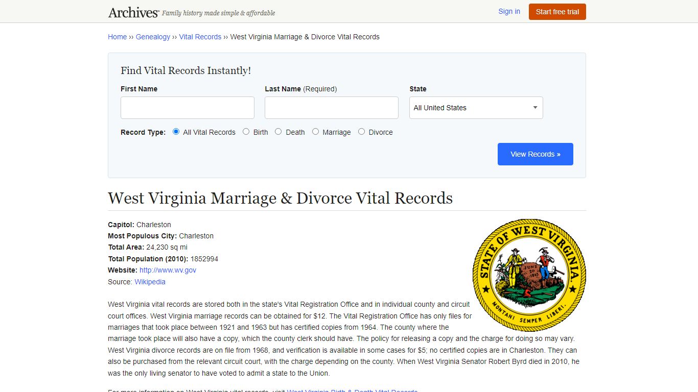 West Virginia Marriage & Divorce Vital Records - Archives.com